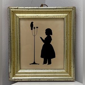 1930s Pre WWII Antique Borghese Italy Gold Framed Silhouette Young Girl w/ Bird
